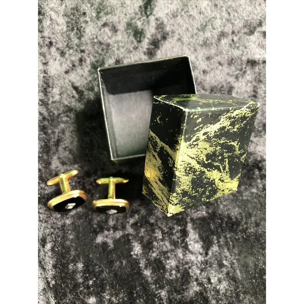 Vintage Mens Gold Tone Onyx Rhinestone Cufflinks Cuff Links Gift Box Original